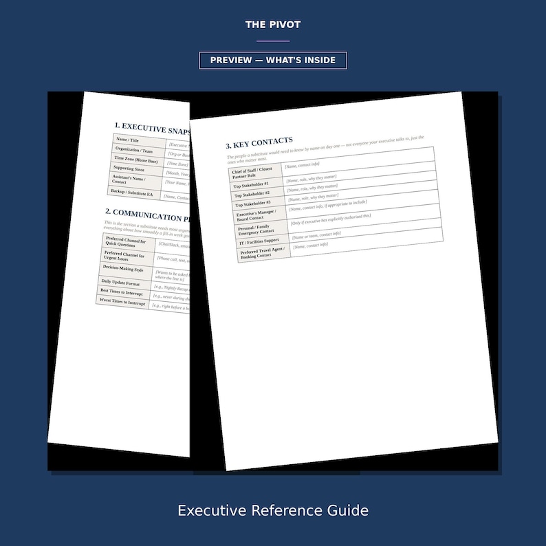 Peut inclure: Un document blanc intitul&eacute; THE PIVOT avec des sections nomm&eacute;es 1. EXECUTIVE SNAPSHOT, 2. COMMUNICATION PREFERENCES et 3. KEY CONTACTS. Les pages pr&eacute;sentent des tableaux avec des champs vides pour les noms, r&ocirc;les et coordonn&eacute;es d'un guide de r&eacute;f&eacute;rence.
