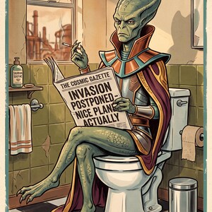 May include: A green-skinned alien with a crested head sits on a white toilet, wearing a high-collared robe. The alien holds a cigarette and a newspaper titled The Cosmic Gazette with the headline Invasion Postponed-Nice Plane Actually.