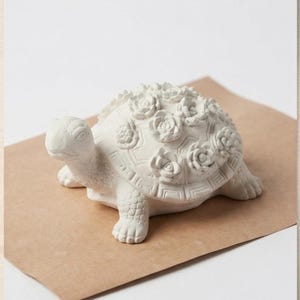 May include: A white, matte-finish turtle figurine crafted from a solid material. The turtle's shell is decorated with a series of raised, sculpted succulent-like floral patterns across the top, while the head and legs feature textured skin details.