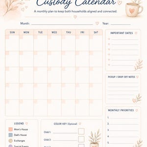 Co-parenting Monthly Custody Calendar for Busy Single Moms