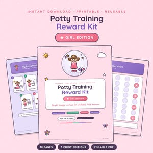 May include: A Potty Training Reward Kit Girl Edition printable set featuring three pages with light pink backgrounds. The central page displays the title, a cartoon character, and icons. The side pages show a routine chart and a sticker chart.