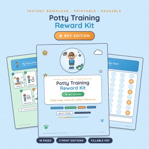 May include: A light blue potty training reward kit with three printable pages. The central page features a cartoon child, the text Potty Training Reward Kit, and Boy Edition. Other pages show a potty routine schedule and a circular sticker chart.