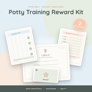 May include: A potty training reward kit featuring printable charts and certificates. The set includes a My Sticker Chart, a My Weekly Reward Chart, and an I Did It certificate. A small reward card with a smiling star icon is also displayed.