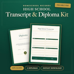 Pakket voor middelbareschooldiploma en cijferlijst voor thuisonderwijs | Invulbaar PDF-bestand, GPA-tracker (direct te downloaden)