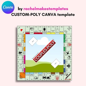 Könnte beinhalten: Ein quadratisches Brettspiel-Template mit dem Titel COUPLES-POLY und einer zentralen Grafik aus blauem Himmel und grünen Hügeln. Der Rand enthält verschiedene farbige Felder mit Symbolen und Texten wie NETFLIX, SPOTIFY und FIRST DATE CAFE sowie Dollarbeträgen.
