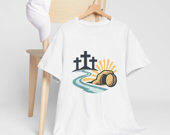 空の墓復活Tシャツ｜三つの十字架、昇る太陽、川