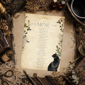 May include: A rectangular menu card on parchment-style paper featuring the word MENU at the top, followed by sections for Garden & Savoury, Sweet Treats, and Drinks. The design includes botanical illustrations, moon phases, and a black cat.