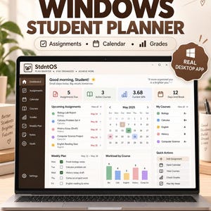 May include: A laptop screen displaying the StdntOS Windows student planner software interface. The dashboard features sections for assignments, a calendar for May 2025, course grades, and a workload bar chart. The design uses a clean, organized layout.