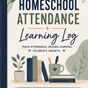 May include: A book cover titled HOMESCHOOL ATTENDANCE + Learning Log with the text TRACK ATTENDANCE. RECORD LEARNING. CELEBRATE GROWTH. The design features illustrations of a potted plant, a row of books, a mug with a pencil and pen, and the text FOR HOMESCHOOL FAMILIES | Every Day Counts.