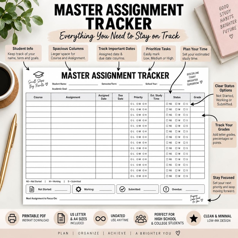 Master Assignment Tracker Printable | Student Homework Planner - Etsy UK
