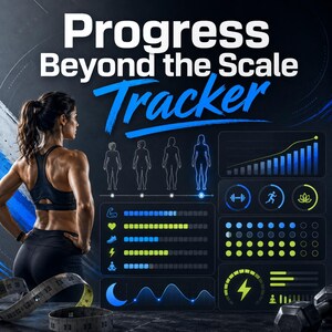 May include: A digital fitness progress tracker graphic featuring the text Progress Beyond the Scale Tracker, a person in a black sports bra and leggings, a measuring tape, and various data charts showing body silhouettes, exercise icons, and progress bars.
