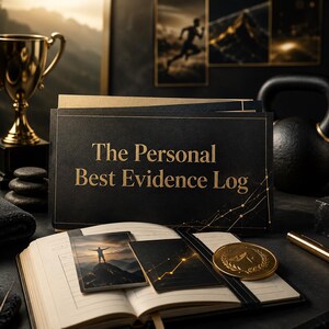 Op de afbeelding: Een zwart rechthoekig bord met gouden tekst The Personal Best Evidence Log en een gouden lijngrafiek. Daaronder toont een open notitieboek een foto van een persoon op een berg, een kaart met een gouden grafiek en een gouden munt met lauwerkrans.