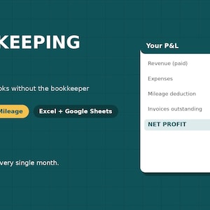 Puede incluir: Una plantilla de contabilidad digital titulada BOOKKEEPING LITE con el subtítulo Small business books without the bookkeeper. Incluye una tabla de resumen de P&L que muestra ingresos, gastos, kilometraje y beneficio neto, además de botones para Invoices, P&L, Mileage y Excel + Google Sheets.