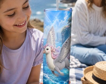 Personalized Winged Plush Girl Flying Waterfall Sea Tumbler Wrap | Custom Text 20oz Skinny PNG