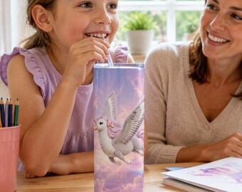 Personalized Winged Plush Girl Flying Pastel Sky Tumbler Wrap | Custom Text 20oz Skinny PNG