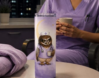 Personalized Lavender Night Shift Owl Tumbler Wrap | Custom Text 20oz Skinny PNG