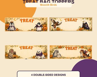 Halloween Treat Bag Toppers – Moonlit Birds – 4 Printable Trick and Treat Candy Bag Toppers