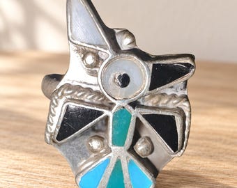 Vintage Zuni Mosaic Inlay Ring Knifewing Thunderbird Silver Turquoise 5