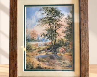Vintage Framed Garden Landscape Print Adirondack Chairs Pond Art 13.5 In