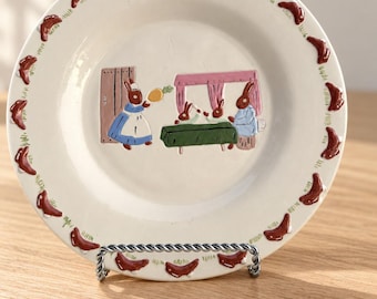 Vintage 3D Ceramic Rabbit Family Plate Bunnykins Style Running Bunnies 8.5 In