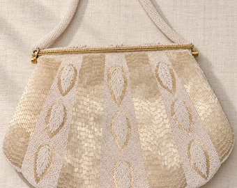 Vintage Beaded Evening Bag Ivory Seed Bugle Bead Handbag Hong Kong 1960s 10 In