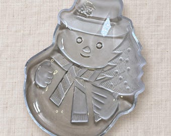 Vintage Prima Design Clear Glass Snowman Christmas Cookie Serving Tray
