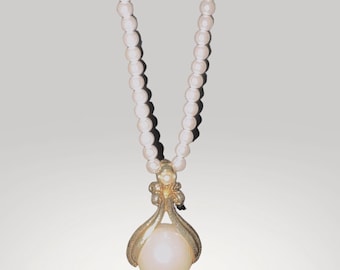 Vintage Pearl Pendant Necklace Gold Leaf Drop Faux Pearl Long Chain 1980s