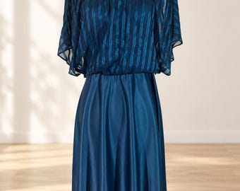 Vintage 1970s 1980s Blue Blouson Dress Sheer Flutter Sleeve Shadow Stripe 13/14