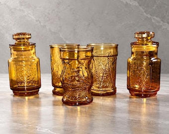 Vintage Amber Glass Canister Set Tumblers Wheaton NJ Apothecary Bar 5 Pc