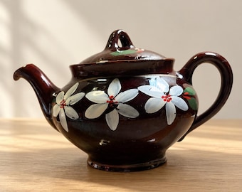 Vintage Royal Canadian Art Pottery Teapot Brown Betty Royal Dripless Floral