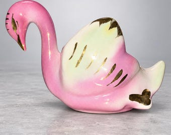 Vintage 1950s Pink Swan Planter Ceramic Gold Accent Mid Century Kitsch 6 In