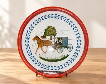 Vintage Pennsylvania Dutch Tin Tray Amish Horse Buggy Metal Wall Decor 13