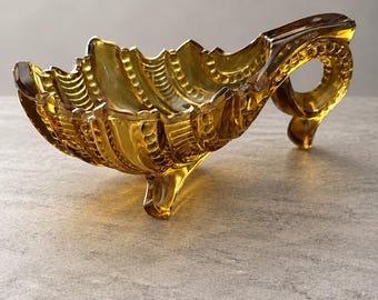 Vintage Amber Pressed Glass Leaf Trinket Dish Footed Nappy Bowl 6 In