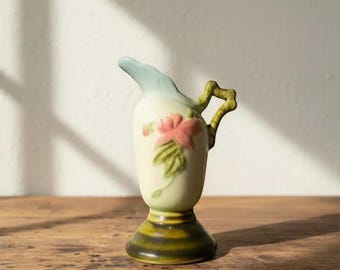 Vintage Hull Woodland Vase, 1950s W3 Pottery Ewer, Pink Floral, 5.5 Inch