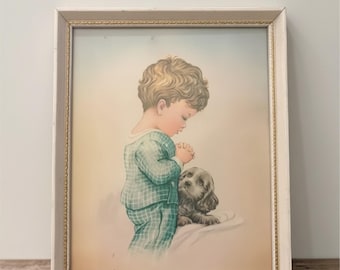 Vintage Boy Dog Prayer Print, Cocker Spaniel, Mid-Century Framed 8x10 Lambert