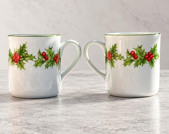 Vintage Christmas Holly Mugs Set of 2 Holiday Coffee Cups with Green Trim 3 Inch