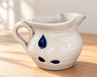 Williamsburg Pottery Salt Glaze Creamer Speckled Gray Pitcher Blue Leaf 3