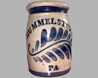Vintage Hummelstown PA Stoneware Crock Cobalt Blue Folk Art Jar 6 In