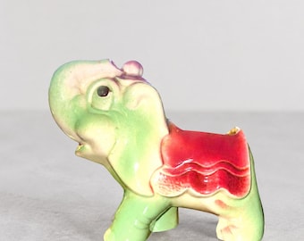 Vintage 1940s Elephant Planter Green Pink Circus Trunk Up Good Luck Ceramic Cachepot