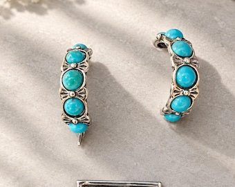 Vintage Sterling Silver Turquoise Half Hoop Earrings Southwestern Huggie Studs