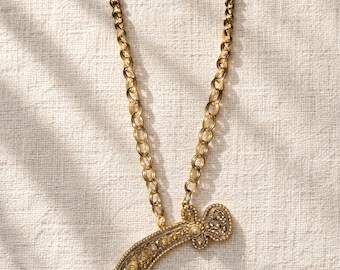 Vintage Scimitar Sword Pendant Necklace 1970s Ornate Gold Filigree Dagger