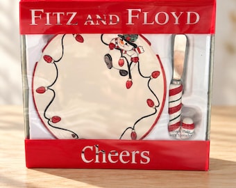 Fitz and Floyd Cheers Snack Plate with Spreader Vintage Christmas Snowman In Box
