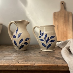 Vintage Williamsburg Pottery Creamer & Mug Set Blue Floral Stoneware Handmade Williamsburg Virginia Rustic Farmhouse