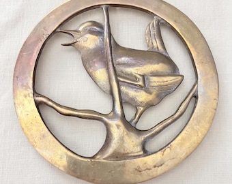 Vintage Cast Brass Singing Bird Trivet Round Openwork Tree Branch Hot Pad Plant Stand