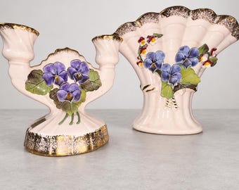 Vintage Chico California Pottery Pink Fan Vases Pair 3D Pansies Gold Trim