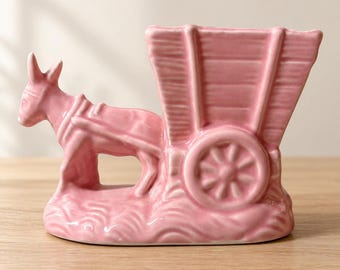 Vintage Pink Donkey Cart Planter Mid Century Ceramic Figural Wagon 7 In