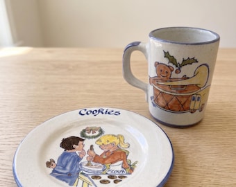 Vintage Louisville Stoneware Cookies and Milk for Santa Set Plate Mug Kentucky Pottery 1980s