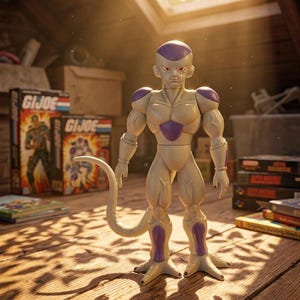 May include: A Frieza action figure with a white and purple body, a long tail, and red eyes. The character stands in an upright position with defined musculature, featuring purple accents on the head, shoulders, chest, and shins, standing on three-toed feet.