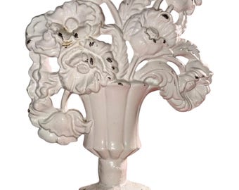 Vintage Cast Iron Floral Doorstop 1980s White Poppy Urn Flower Basket 11 In