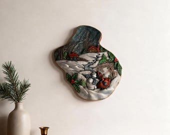 Vintage Winter Village Wall Plaque Snowman Kiss 3D Relief Holiday Art 11 In